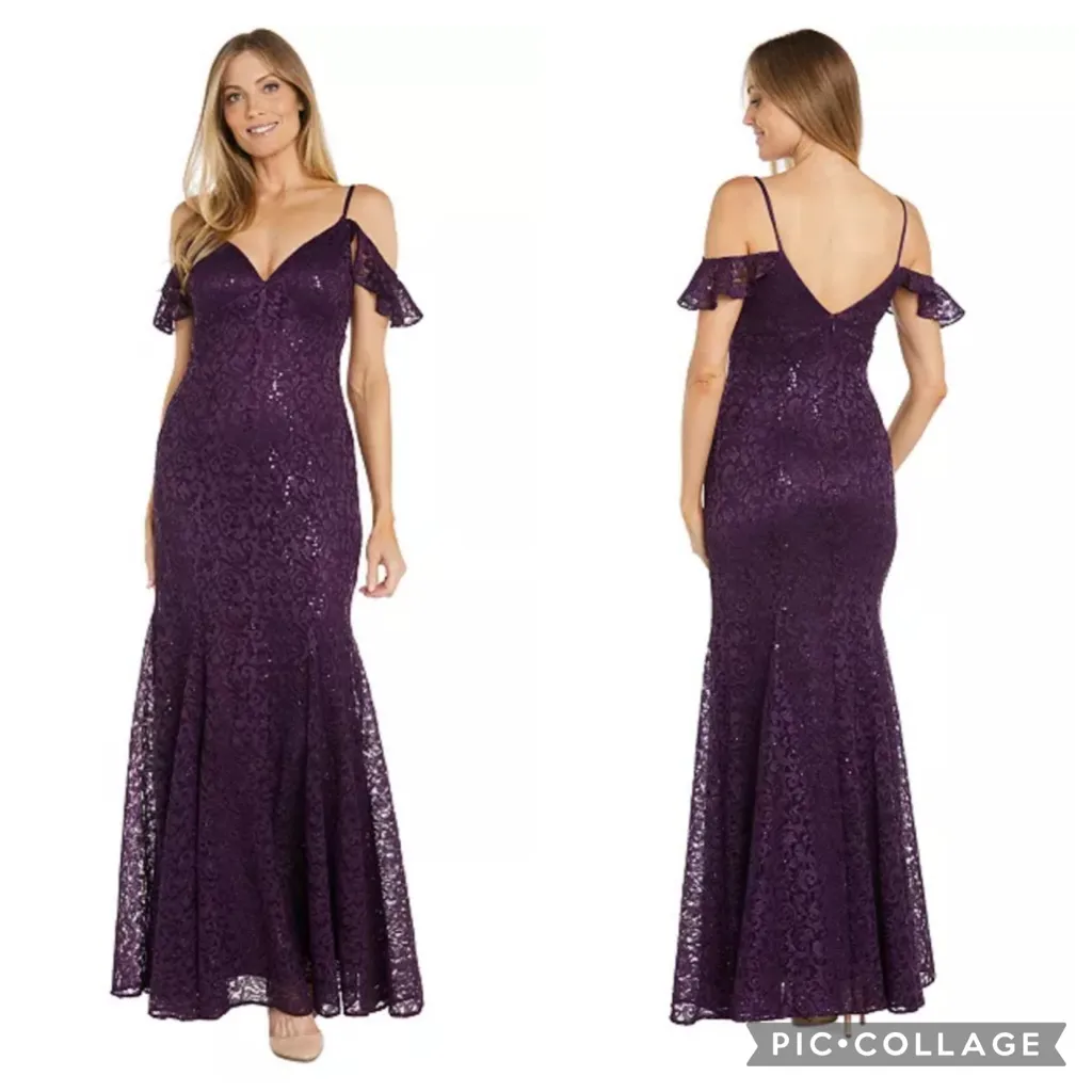 R & M Richards Sequins Lace Cold Shoulder Mermaid Gown Plum Purple 16 - Image 2