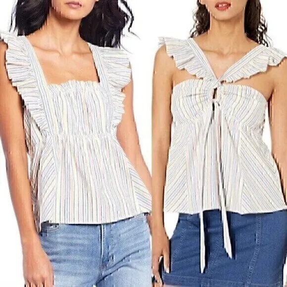 ELLAS MOSS Carol Ruffle Cap Sleeve Square Neck Top White Pink Blue Convertible XS - Image 2