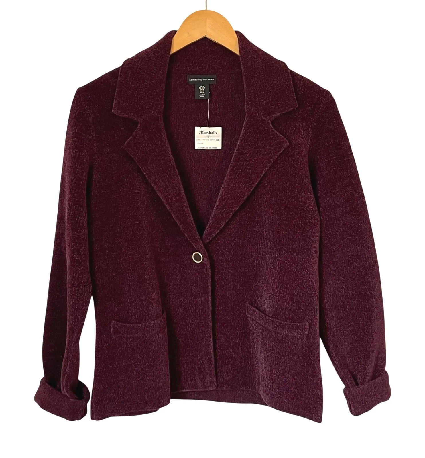 Adrienne Vittadini Women Burgundy Chenille Blazer Jacket Medium Button Front NWT - Image 1