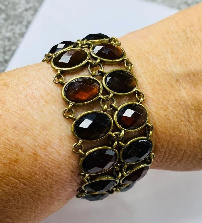 Lia Sophia Bracelet Double Strand of Faceted Amber Brown Gold Colors Adjustable - Image 5