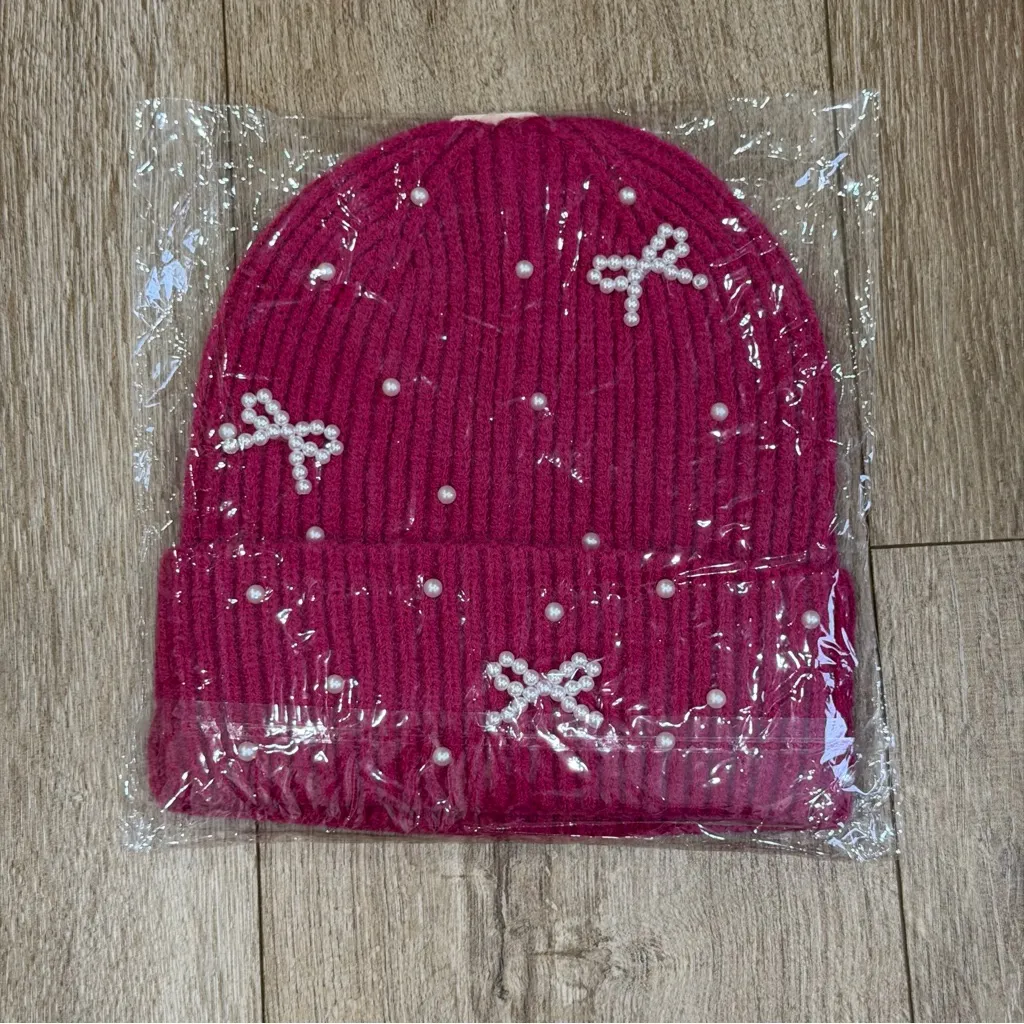 NWT Pearl Bow Charm Beanie Hat Fuchsia Hot Pink One Size for Women - Image 5