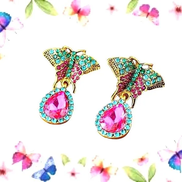 Butterfly Earrings Rhinestones Drop Dangle Crystal Accents Art Deco Festive New Purple - Image 2
