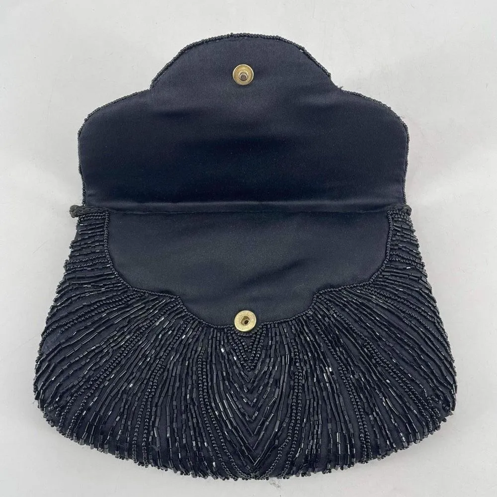 Vintage Beaded Snap Flap Corded Strap Clutch Shoulder Bag Black Small Flapper - Image 3