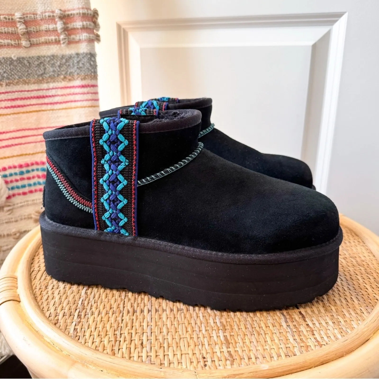 UGG Classic Ultra Mini Braid Platform Black Suede Boho Winter Boots Women’s 11 - Image 2