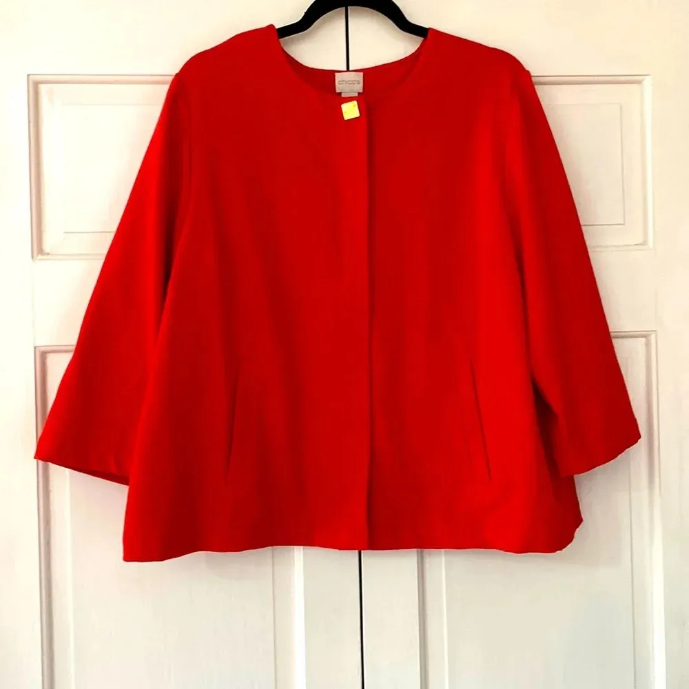 Chicos Size 3 Deep Coral‎ Blazer Gold Closure Crepe Swing Jacket Coat Chico’s XL - Image 2