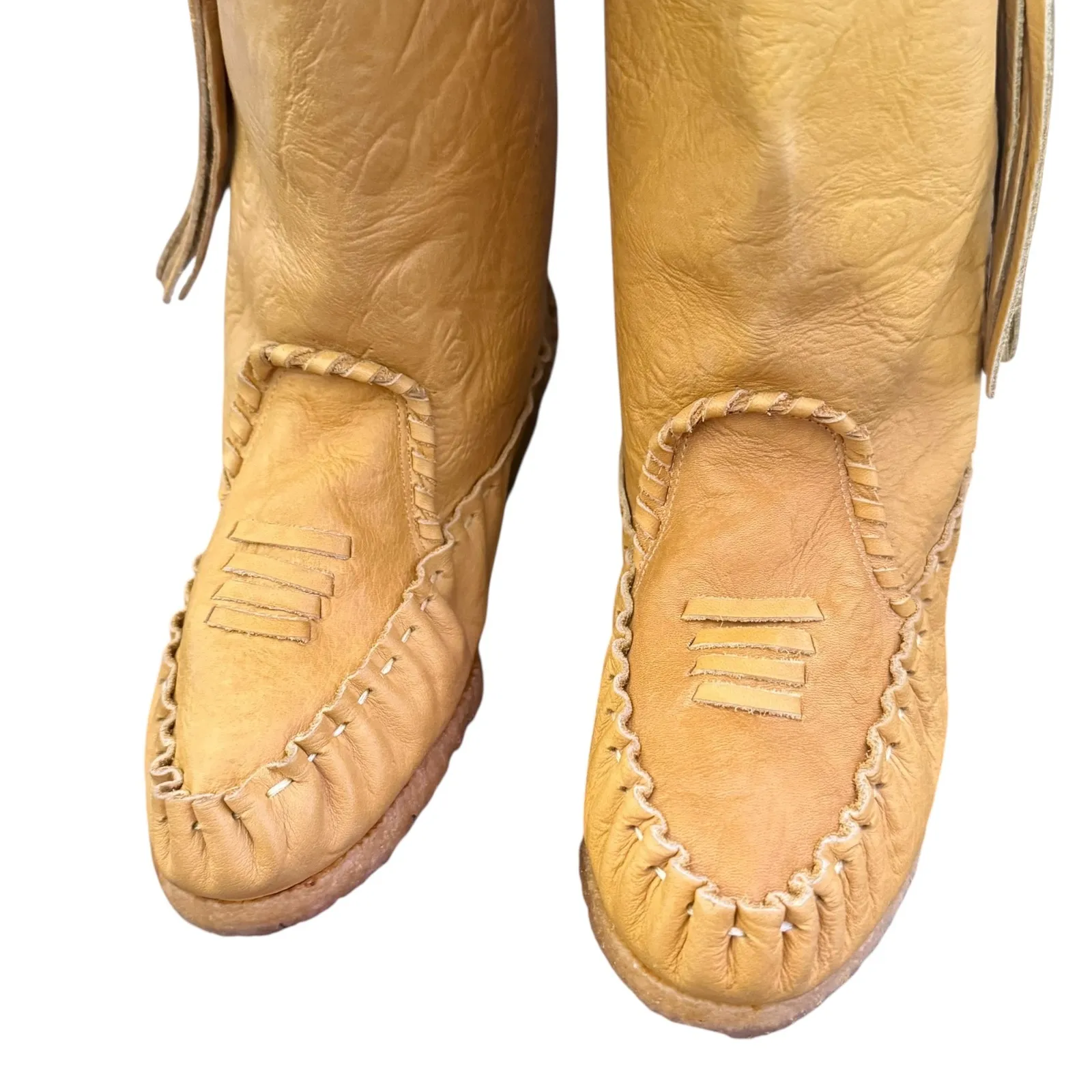 Vintage 70s Prima Moccasin Leather Boots Womens Size 5 Fringe‎ Tassels Stitching - Image 3