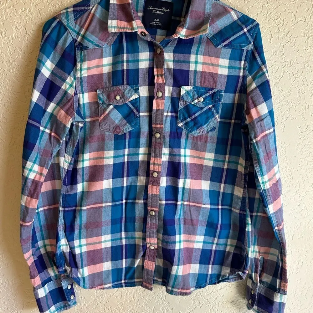 American Eagle Pastel Pink & Blues Western Shirt‎ - Medium - Image 8