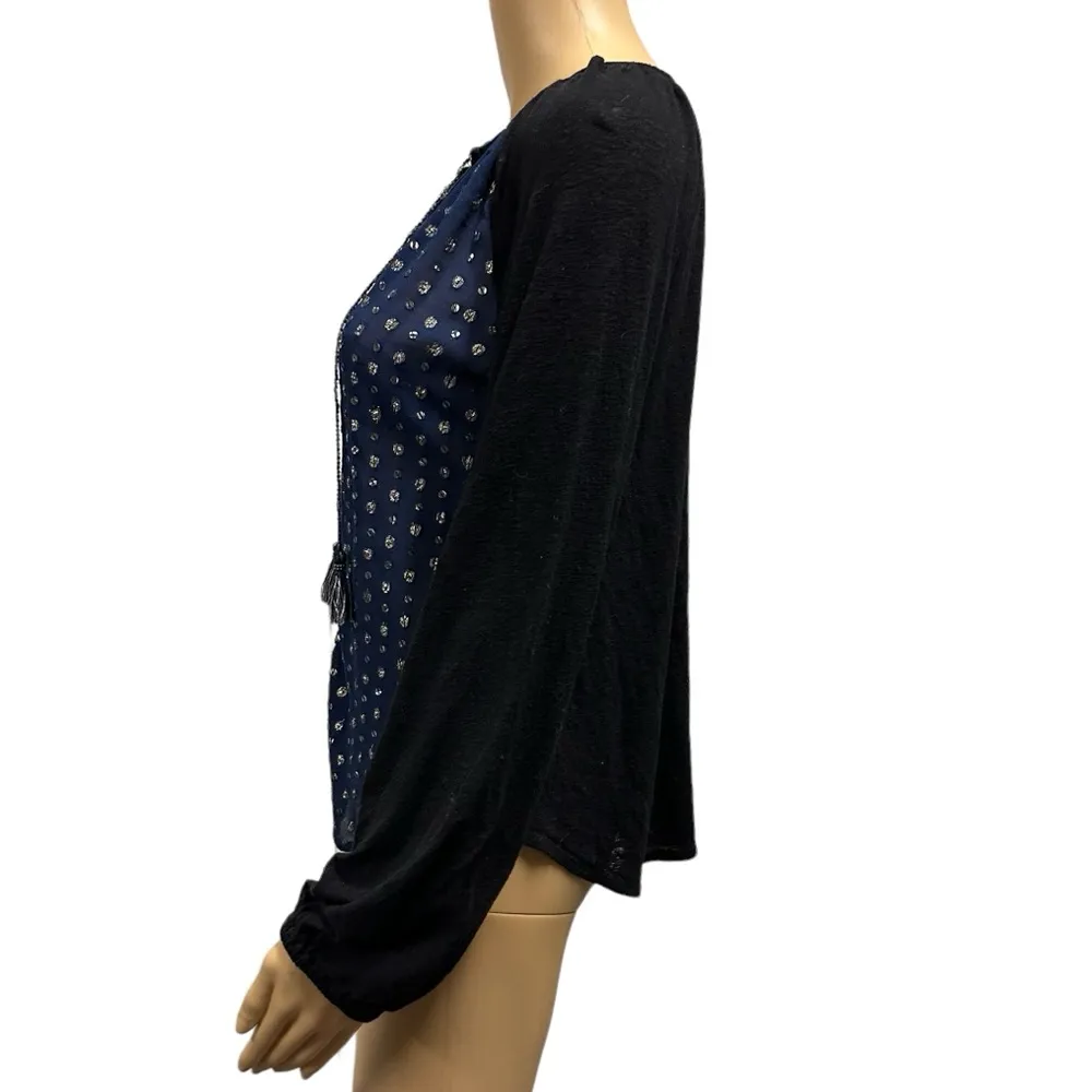 Lucky Brand Boho Tassel Sequin Long Sleeve Top Black Blue and Gold Womens Small - Image 2