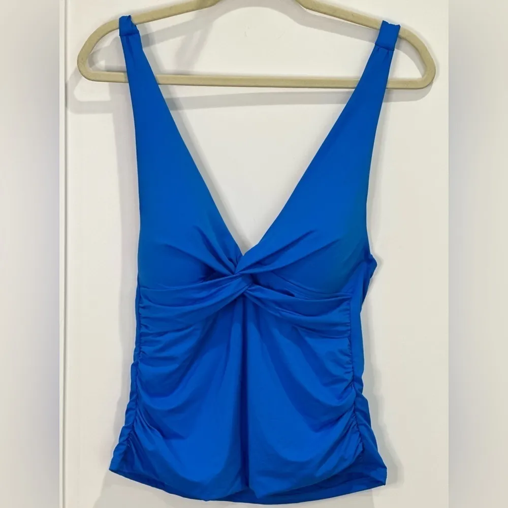 La Blanca Island Goddess Tankini Top Over-the-Shoulder Twist Capri Blue Size 8 - Image 4