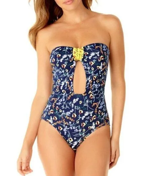 NEW Studio Anne Cole Women's Smocked Tab Bandeau One Piece Swimsuit Blue Size 12 - Image 1