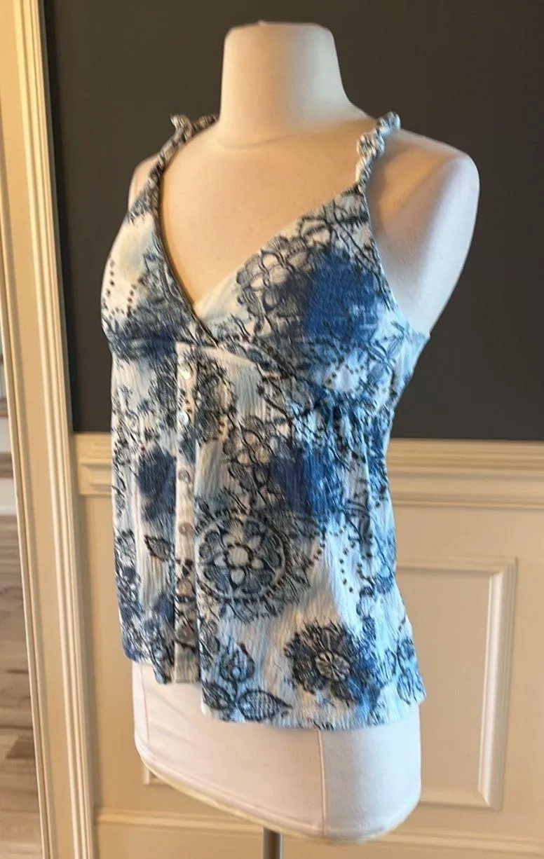 Tank Blue White Print Peplum Shirt Cotton Blend Medium - Image 5