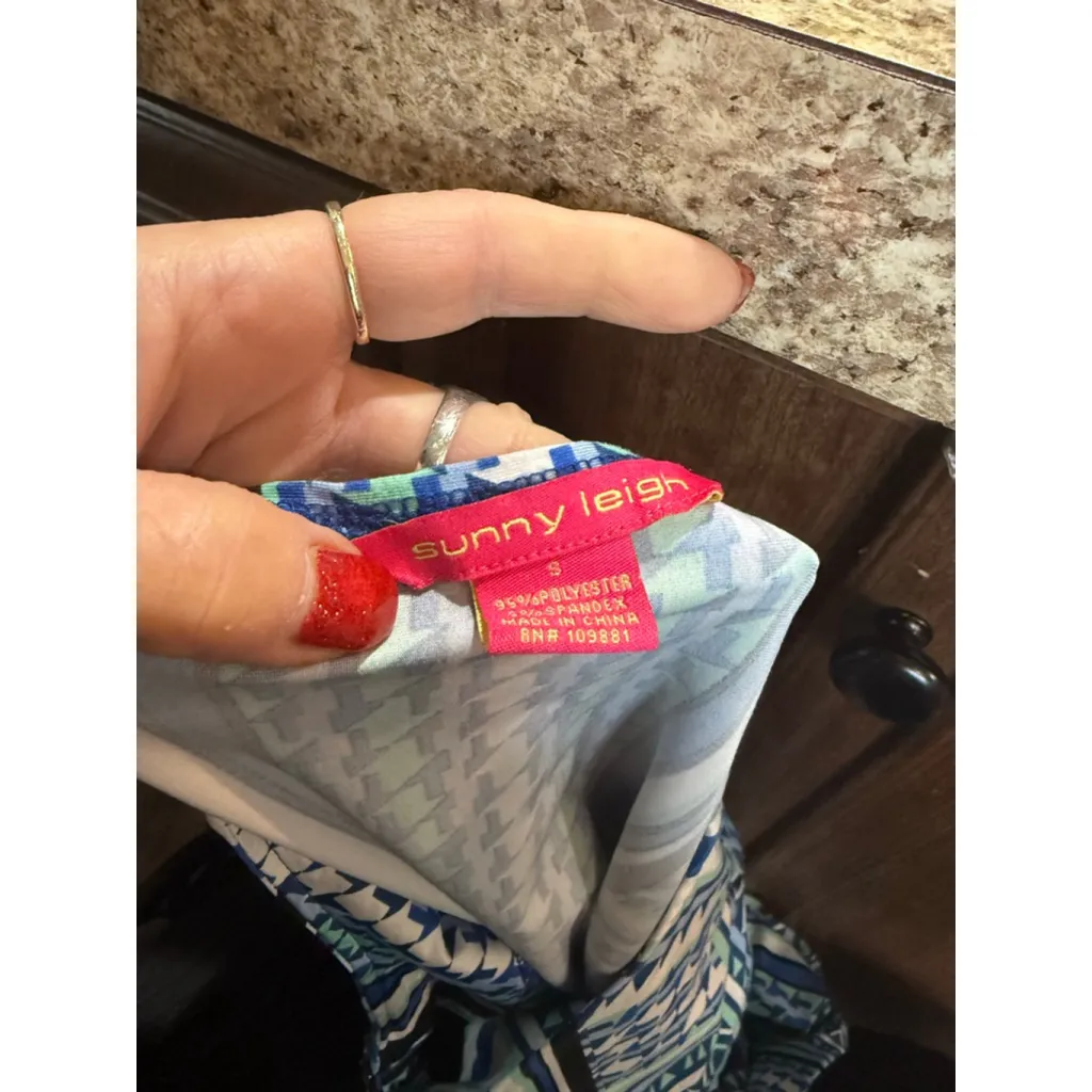 Women's Sunny Leigh Tunic Top S Blue Green Geometric 3/4 Sleeve - Image 6