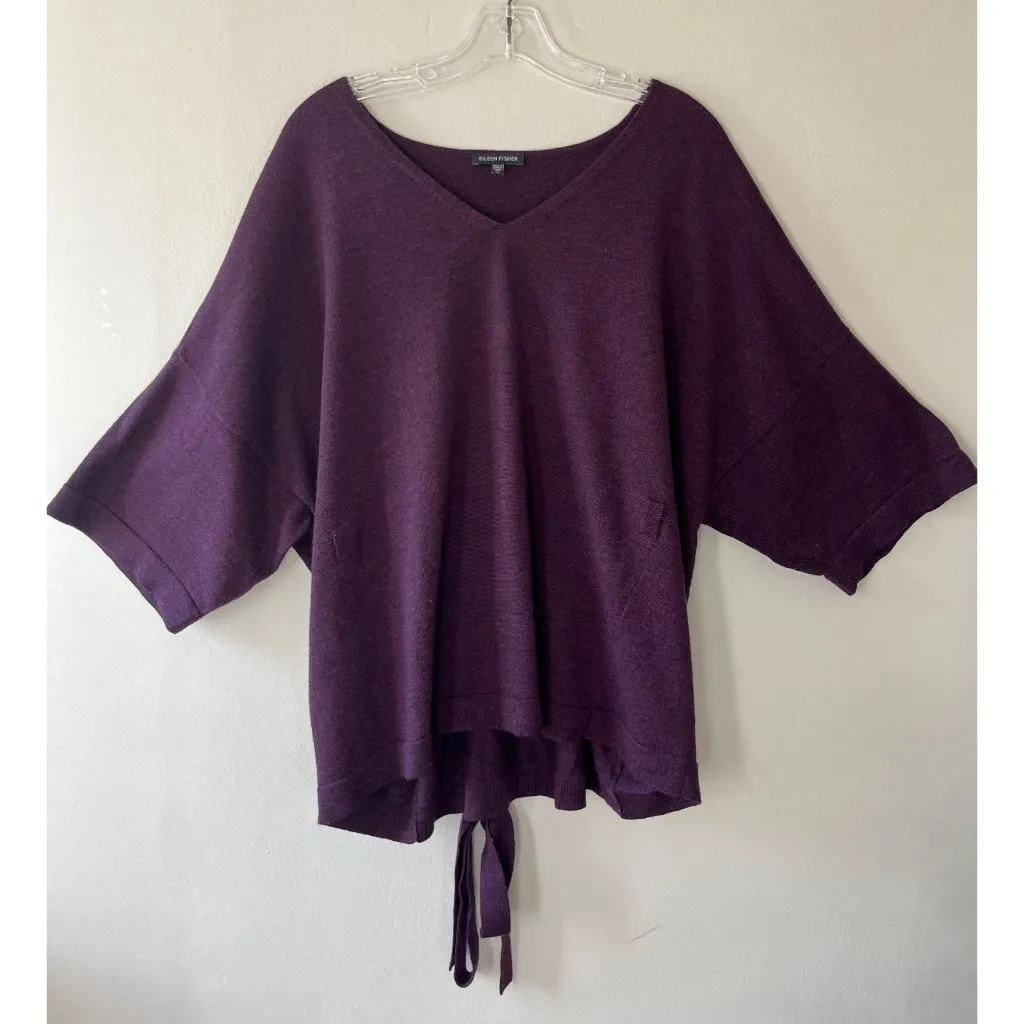 Eileen Fisher Sz XL Purple V Neck Merino Wool Pullover Blouse Tunic Sweater Belt - Image 2