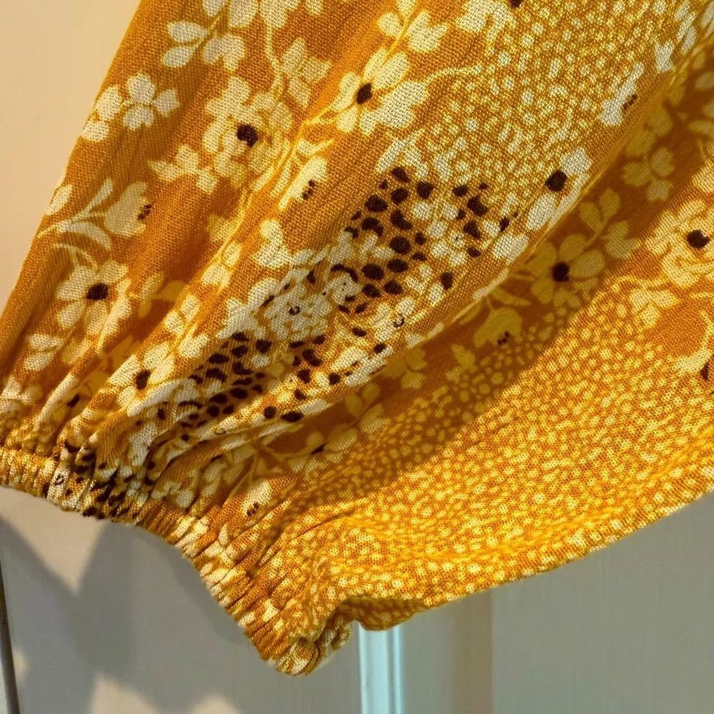 Pink Lily Boho Floral Patchwork Tassel Tie Babydoll Blouse Gold Yellow Medium - Image 4