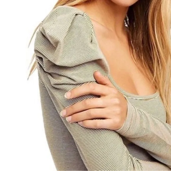 Free People Penelope Tan Striped Knit Top Long Ruched Puff Sleeves Size Medium - Image 7