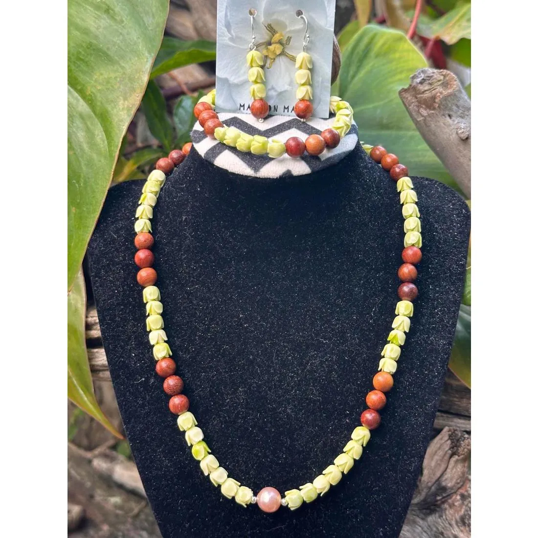 Pakalana & ‘Iliahi Necklace Edison Pearl Earrings Bracelet Set Sterling Silver Green - Image 3