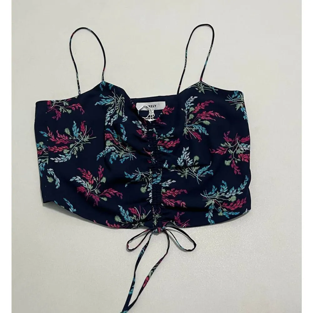 Likely Alias Floral Print Ruched Crop Top‎ Tank Top Cerulean Blue Detail Large - Image 13