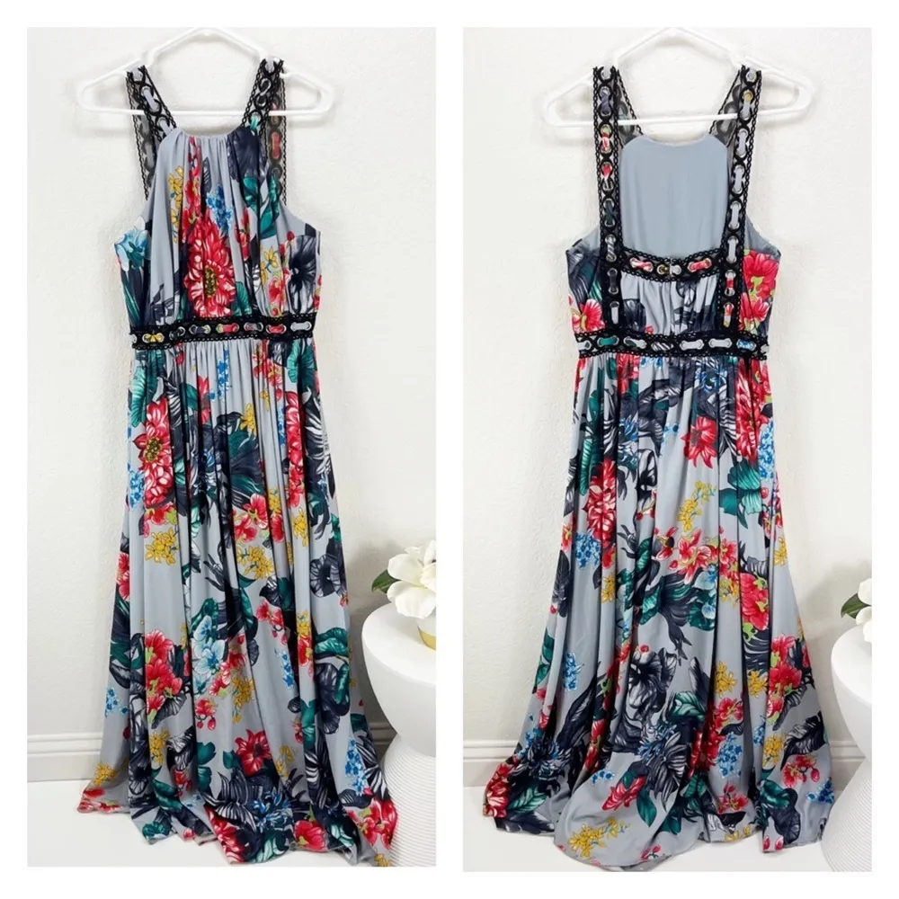 Badgley Mischka Floral Grommet Maxi Blue Gown Sleeveless Cocktail Size 8 - Image 3