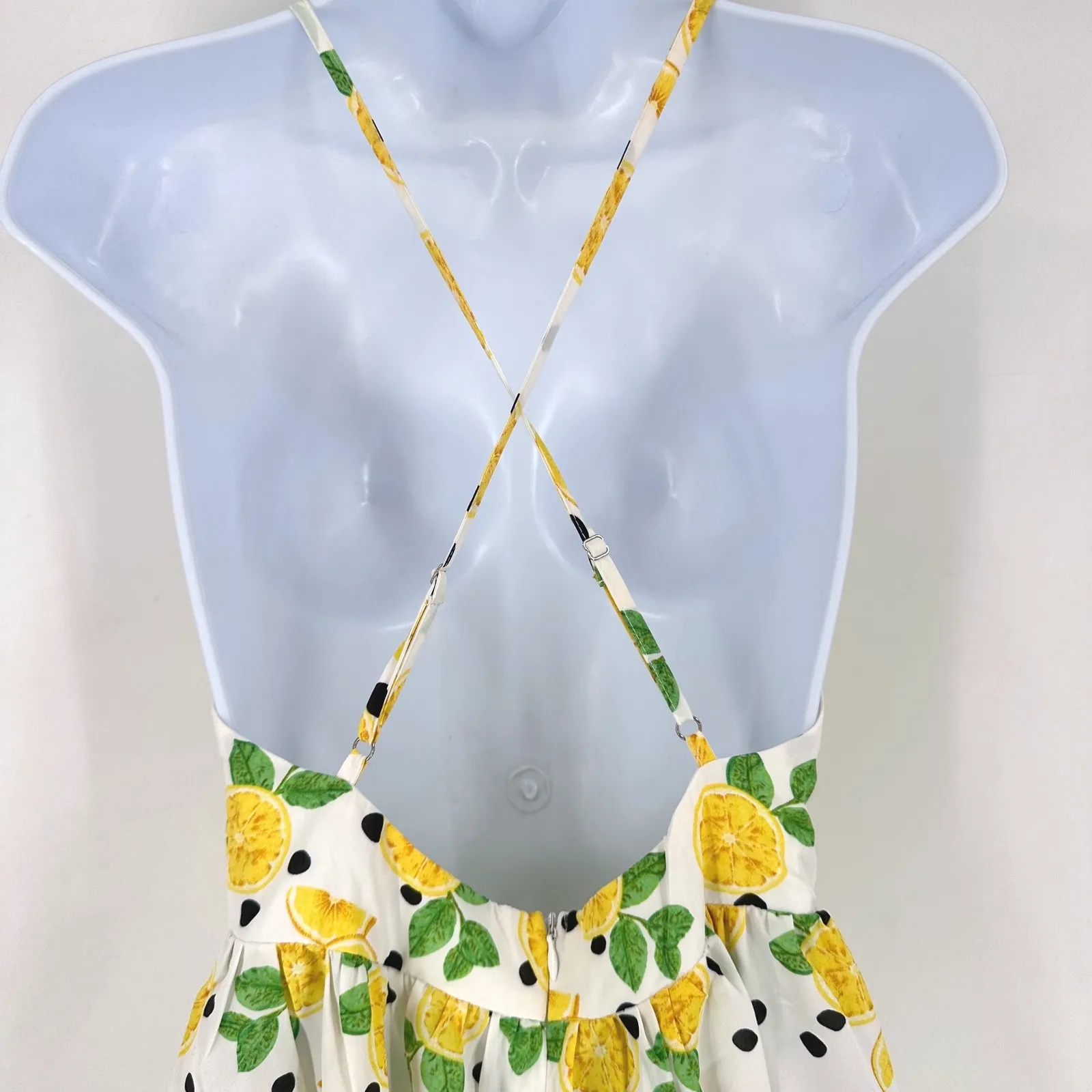 Womens Lemon Print Maxi Dress Halter Neck Size S Slit White Yellow Fun Party - Image 4