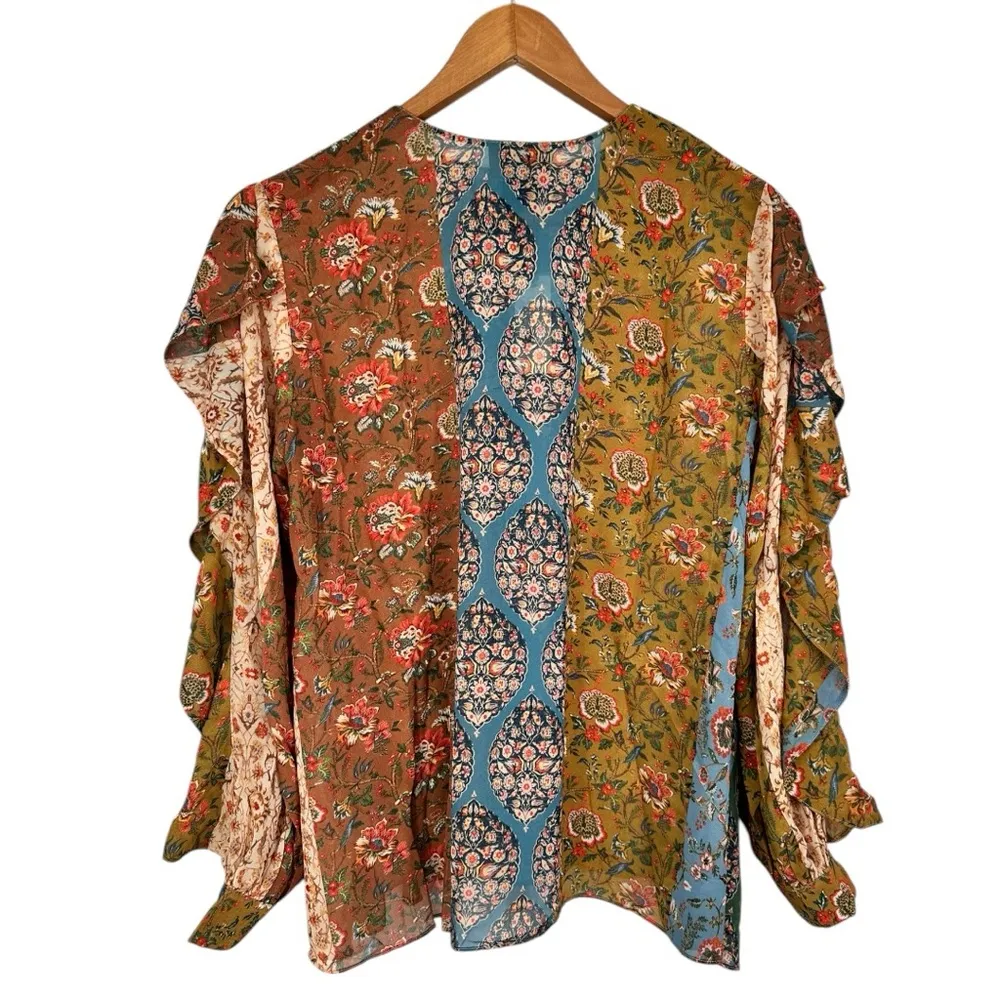 Sachin & Babi Anthro Boho Mixed Print Ruffle Trim Blouse Ties Tassels size XS - Image 9