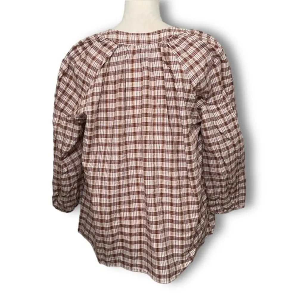 NWOT Brown Beige Tan Plaid Boho Peasant Blouse Top New 3/4 Balloon Sleeve V Neck - Image 2