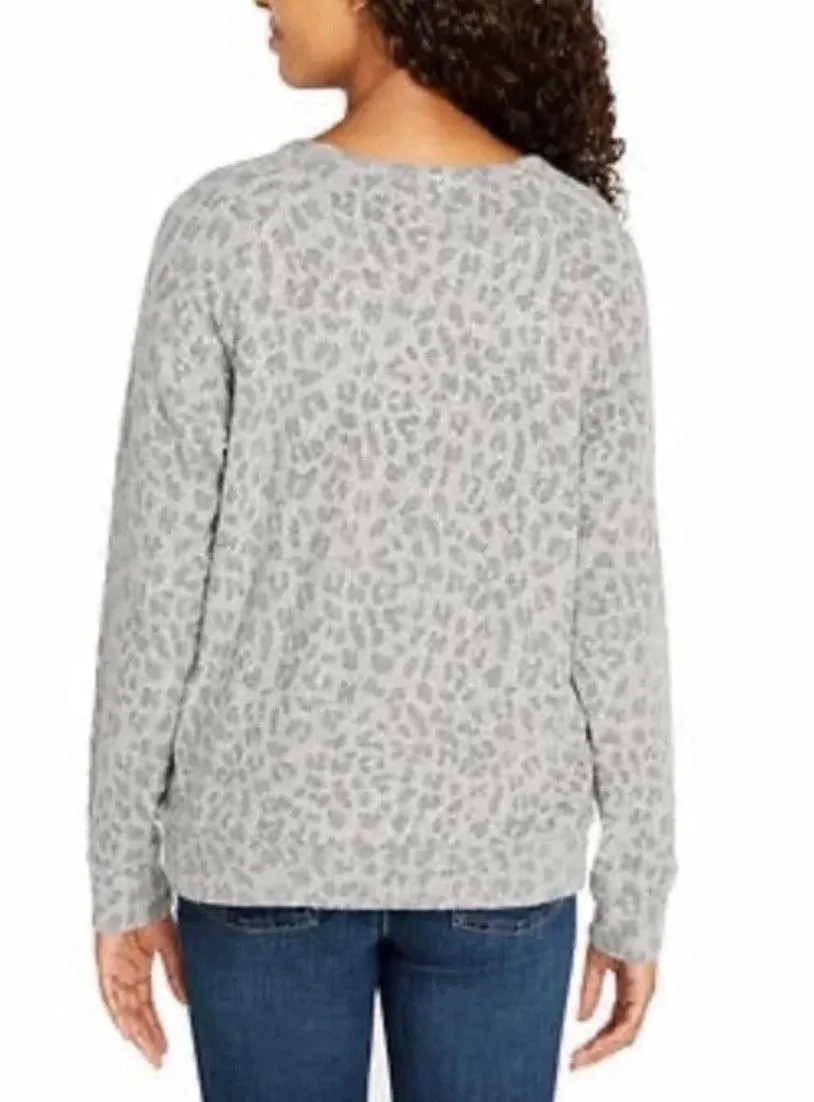 Heather Gray Leopard Print Plush Knit Sweatshirt Size L - Image 2