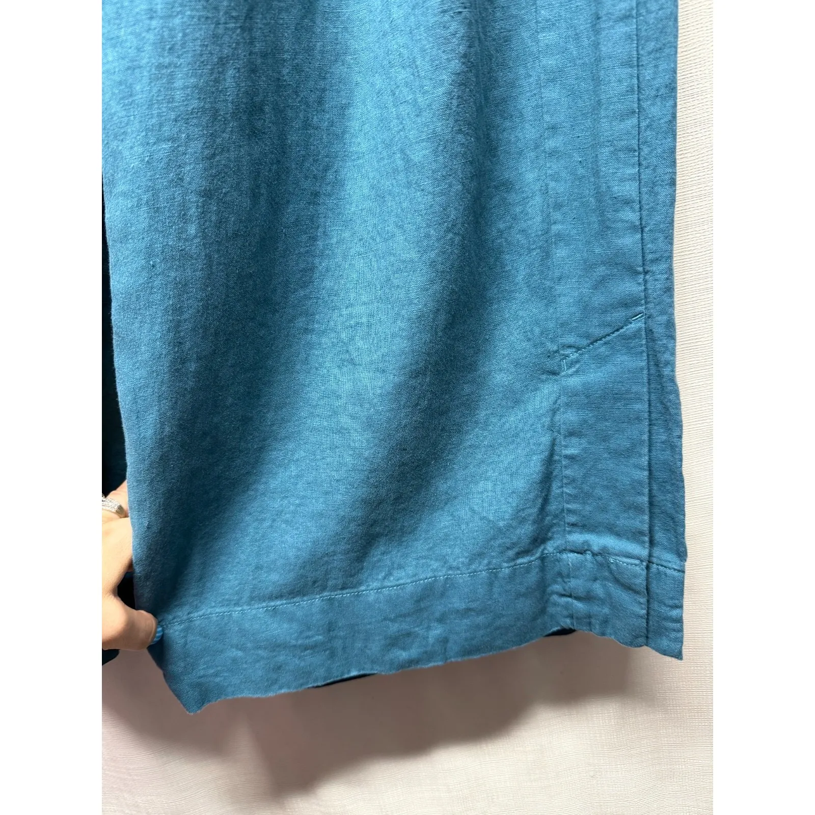 Athleta 100% Linen Playa Wide Leg Crop Pants 8 Teal Blue Split Hem Coastal Beach - Image 3