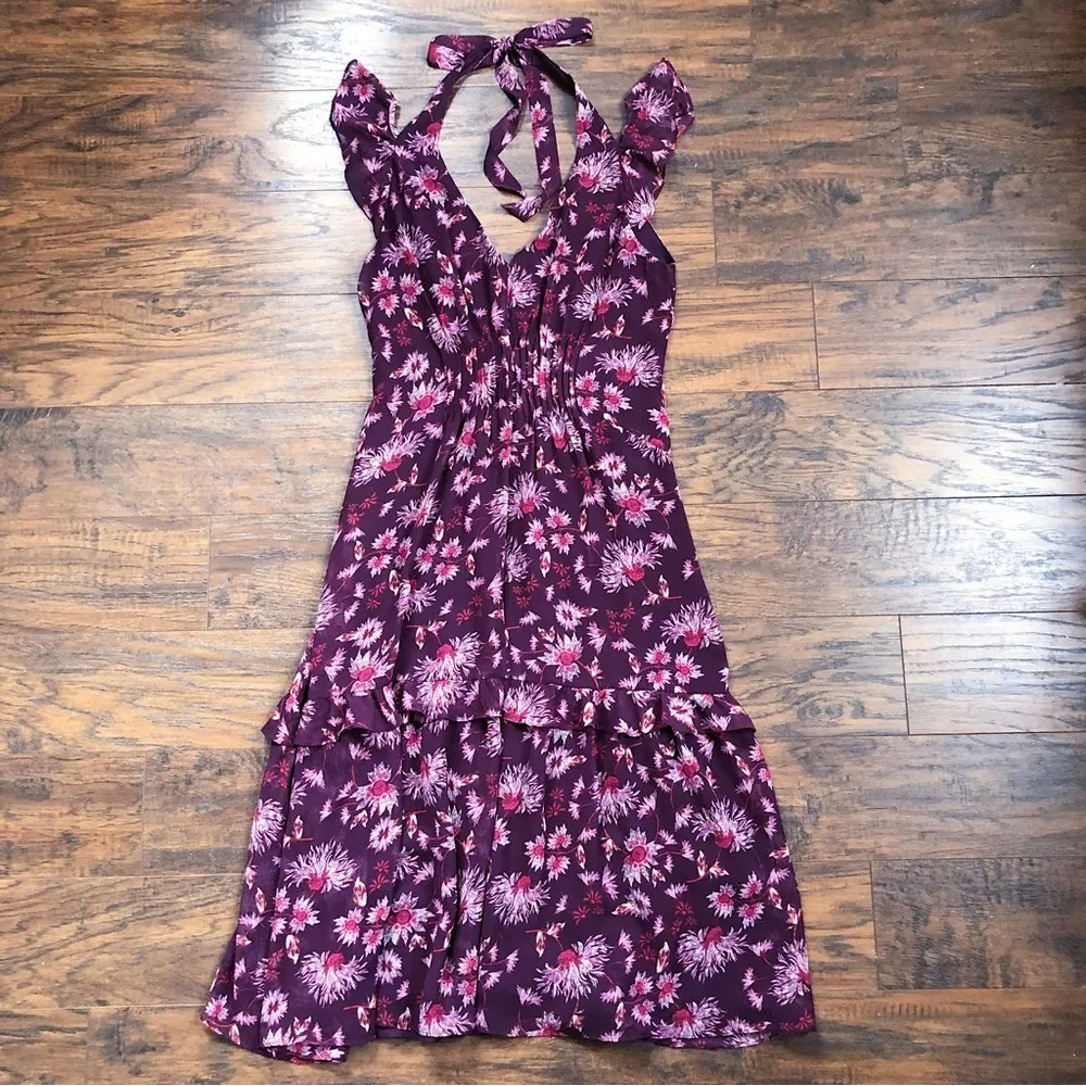 Whistles • Pitti Print Double Strap Dress midi floral maroon chiffon ruffle boho Size 4 - Image 5