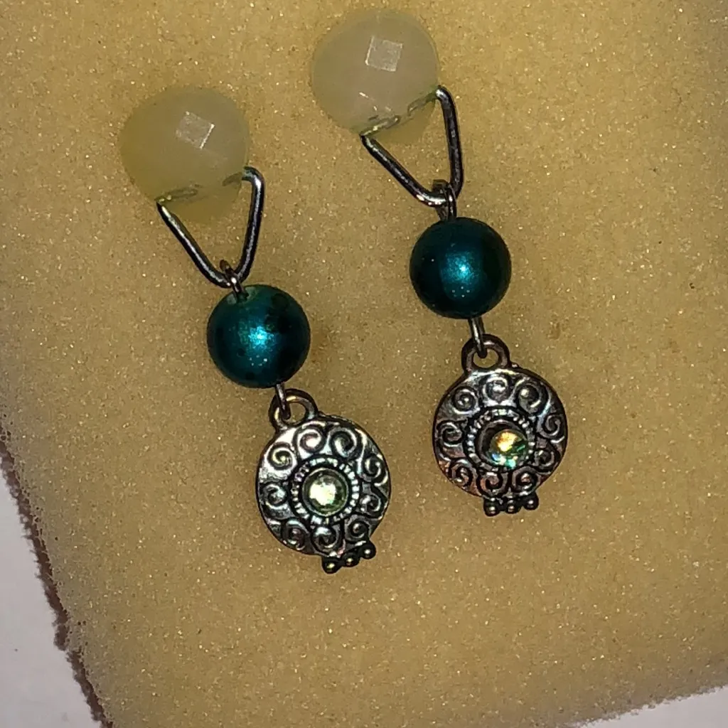 Elegant Silver Tone Yellow and Teal Beaded Boho Earrings - Image 2