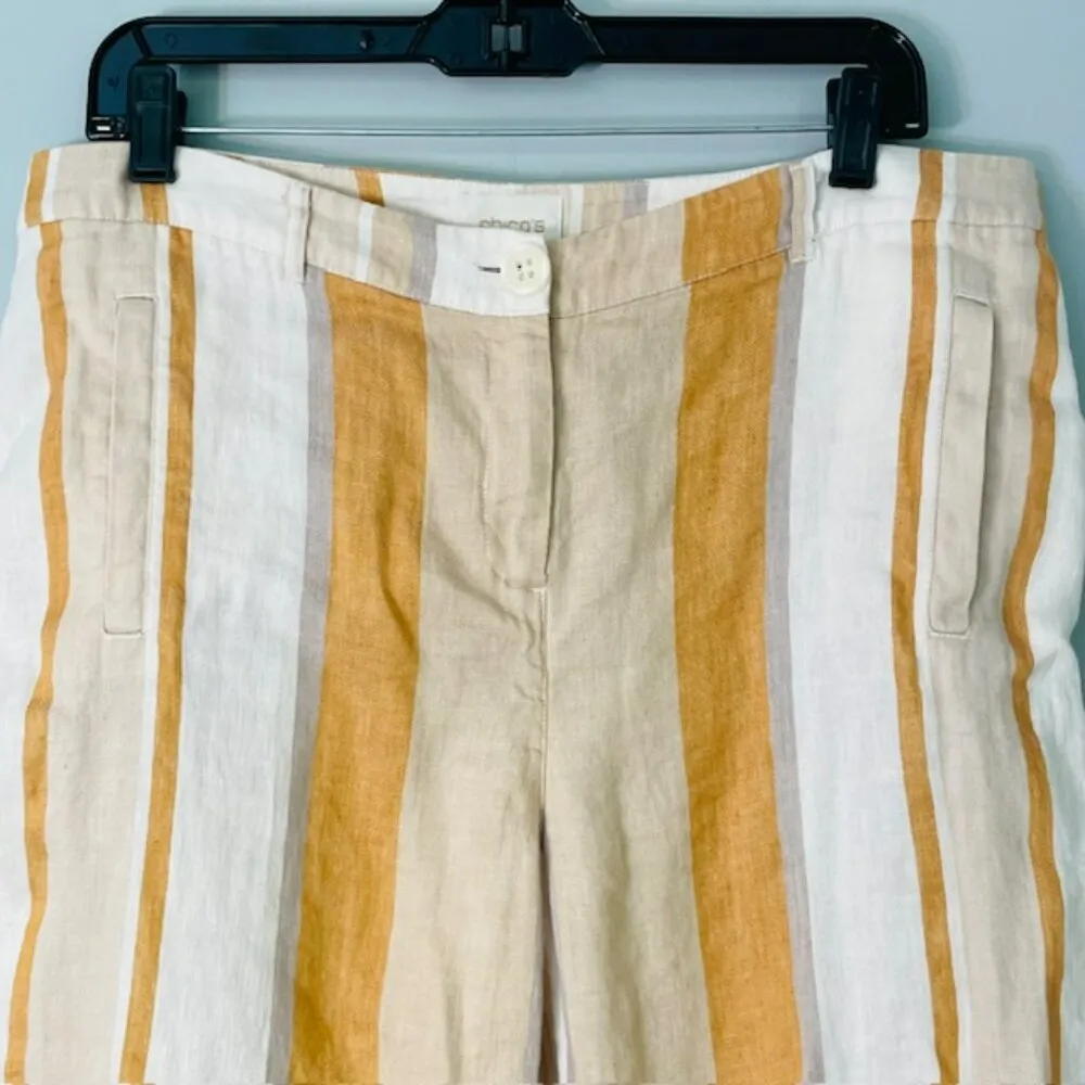 Chico's Natural Fiber Linen/Cotton Striped Cream/Flax Relaxed Pants Large - Image 4