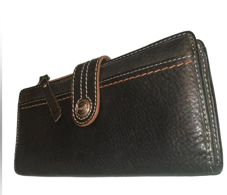 Fossil  Long Bifold Black/Brown Wallet With Snap Closure - Image 3