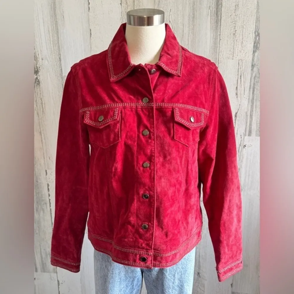 Red Suede Jacket Beaded Details western Large boho See description - Image 8