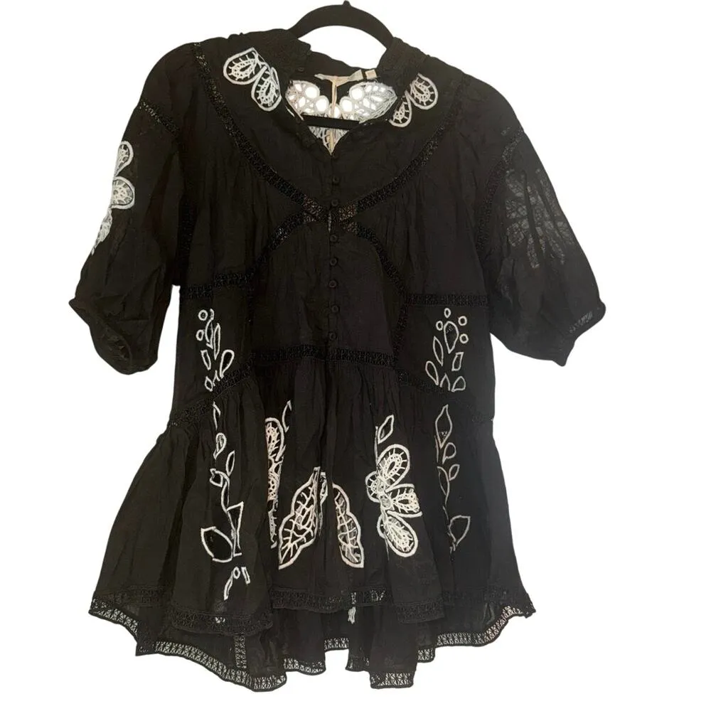 Forever That Girl Short Sleeve High Neck Peasant Blouse Size S New w/ Tag SOO Black - Image 6