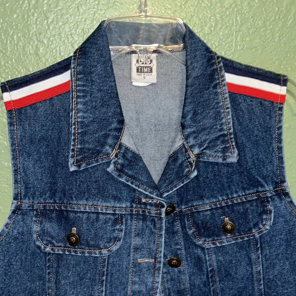 Vintage Big Time Denim Vest Patriotic Red White Stripes - Image 3