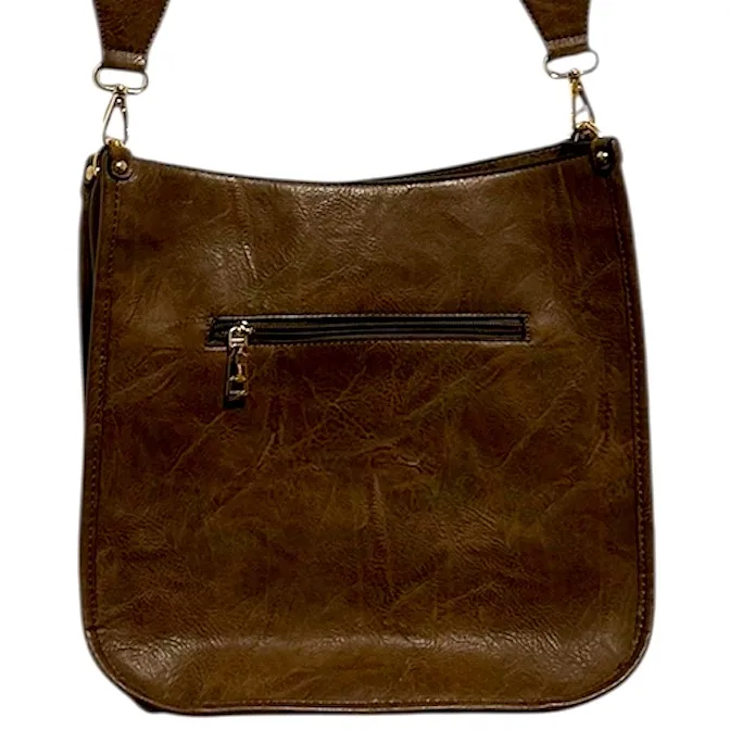 NWOT,.Jen & Co Brown Vegan Leather Shoulder Bag with Guitar Strap (cow print) - Image 3