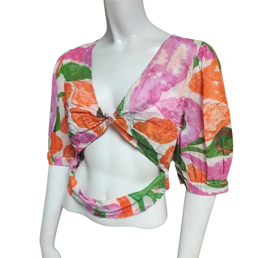 Banjanan Purple, Orange, Green, & White Floral Cropped Cut Out Top (L) Orange Size L - Image 5