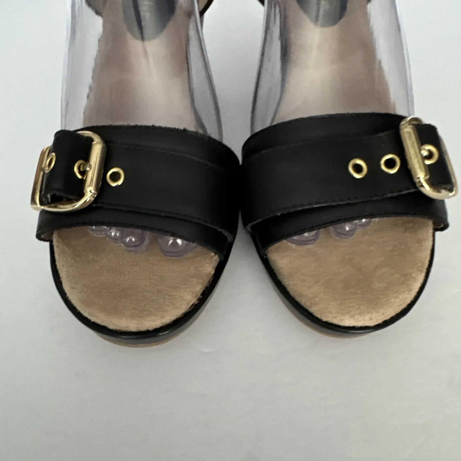 Bella-Vita Wedge Heels Jinny Black Gold Metal Buckles Neutral Gothic Size 8 Wide - Image 6