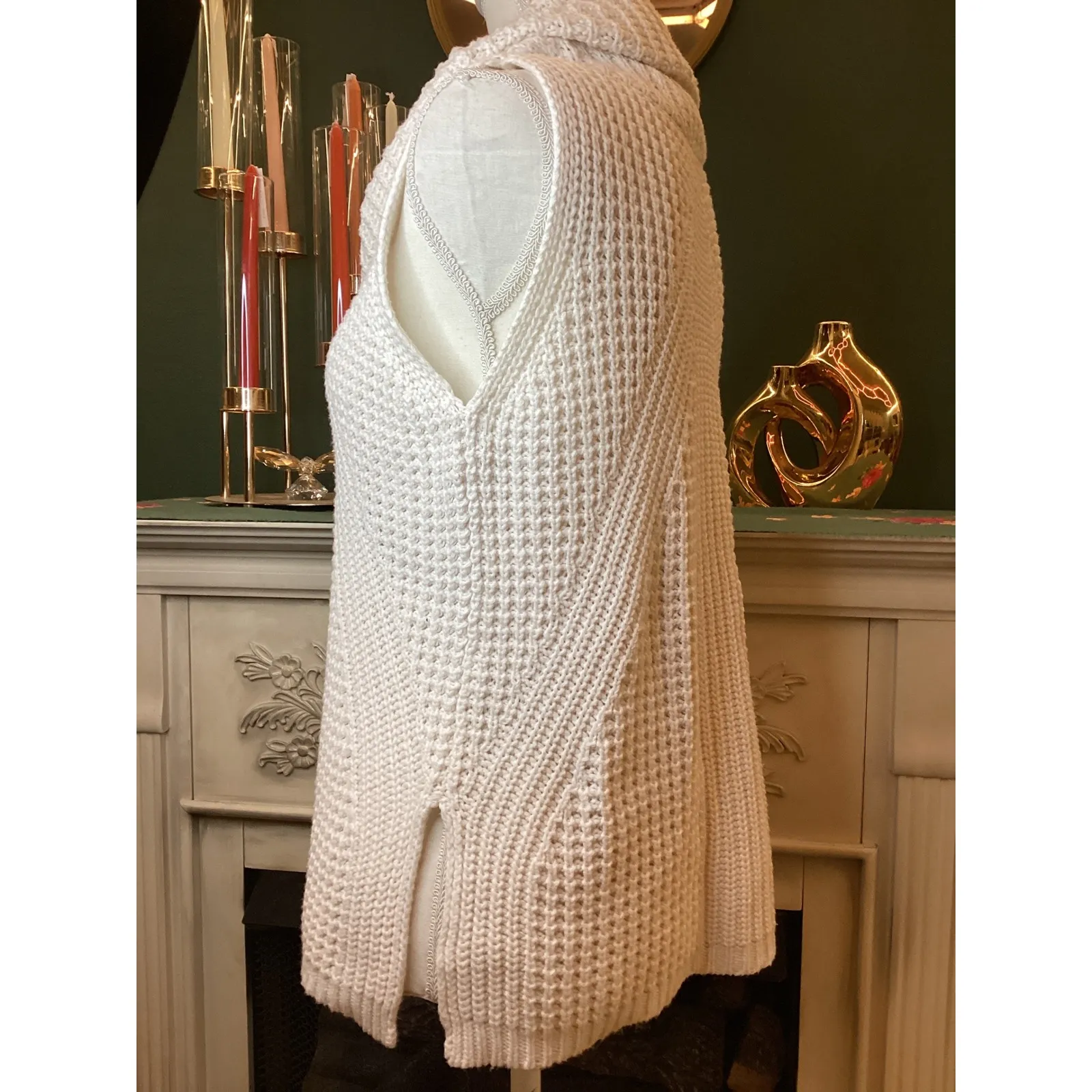 Charming Charlie Cream Waffle Knit Cowl Neck Sleeveless Sweater Tunic Top S - Image 3