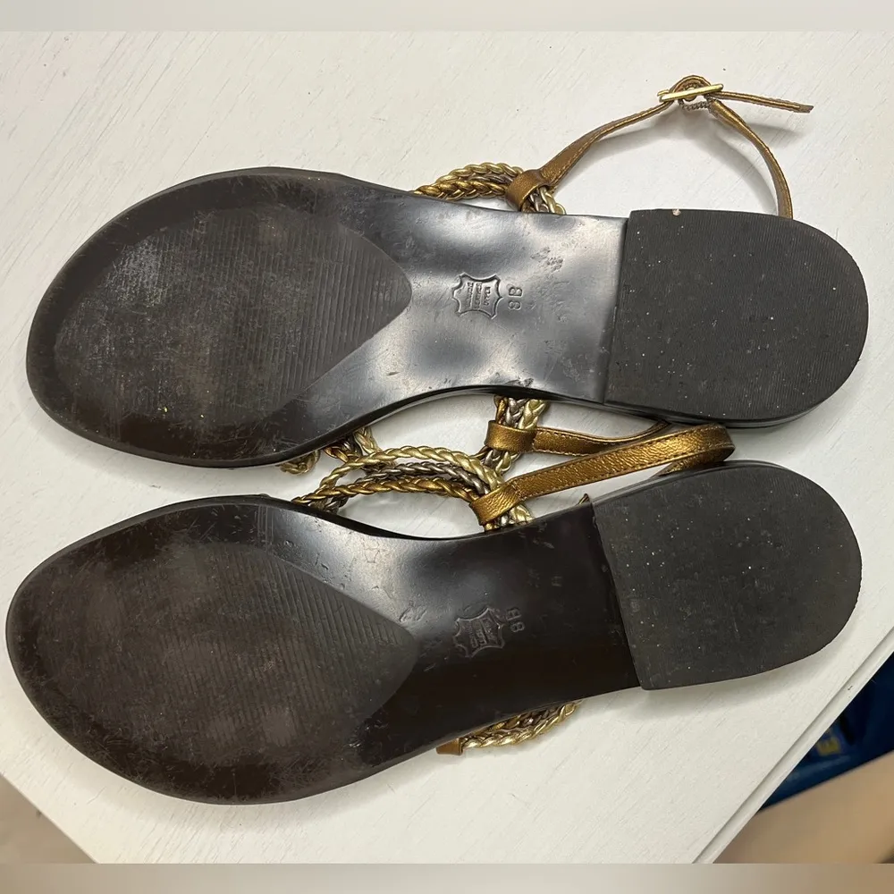 Talbots Metallic Gold Leather Braided Crisscross Straps Flat Sandal Narrow Sz 8 - Image 8