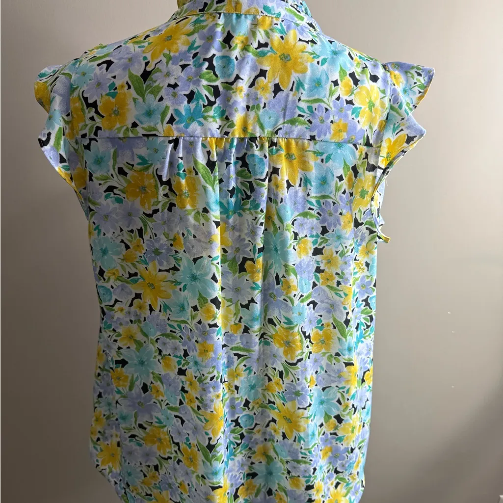 Pleione Floral Ruffle Sleeve Blouse - Yellow and Blue - Image 6