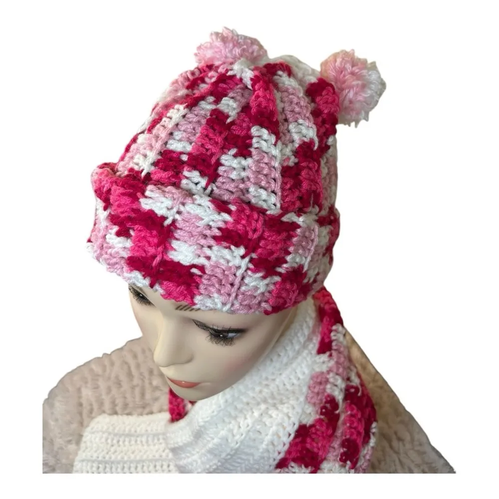 Handmade Crochet Hat & Scarf Set Cozy & Stylish. Brand new white, pink and red - Image 6
