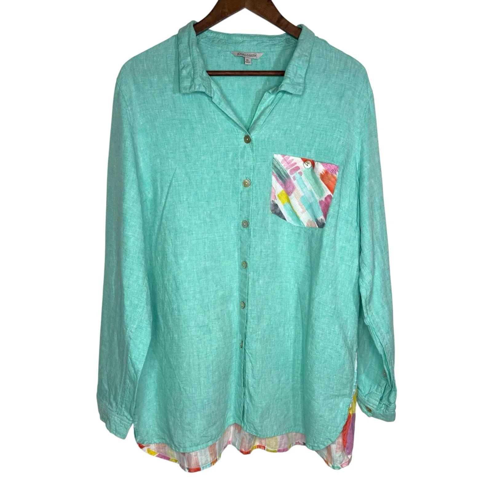 John Mark XL Linen Shirt Top Aqua Blue‎ Green Casual Artsy Lagenlook Roll Tab - Image 3