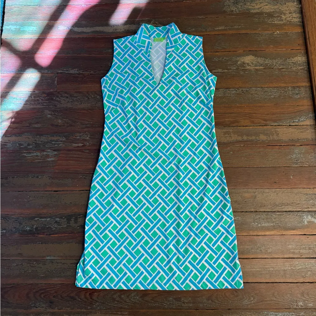 Katherine Way Mandarin Collar Colorful Geometric UPF 50+ Dress ~ Sz S 💛🍄 Blue - Image 6