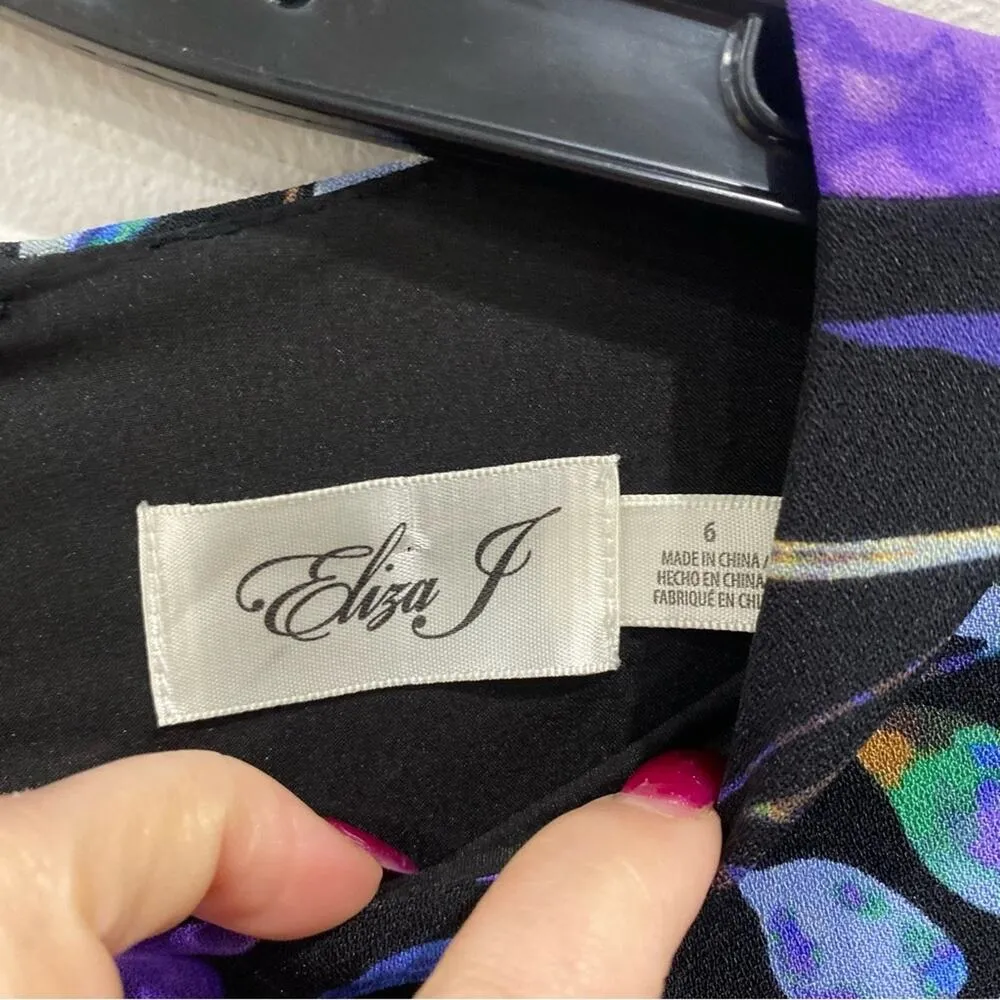 Eliza J Floral Black and Purple Ruffled Tiered Bottom Dress Size 6 - Image 5