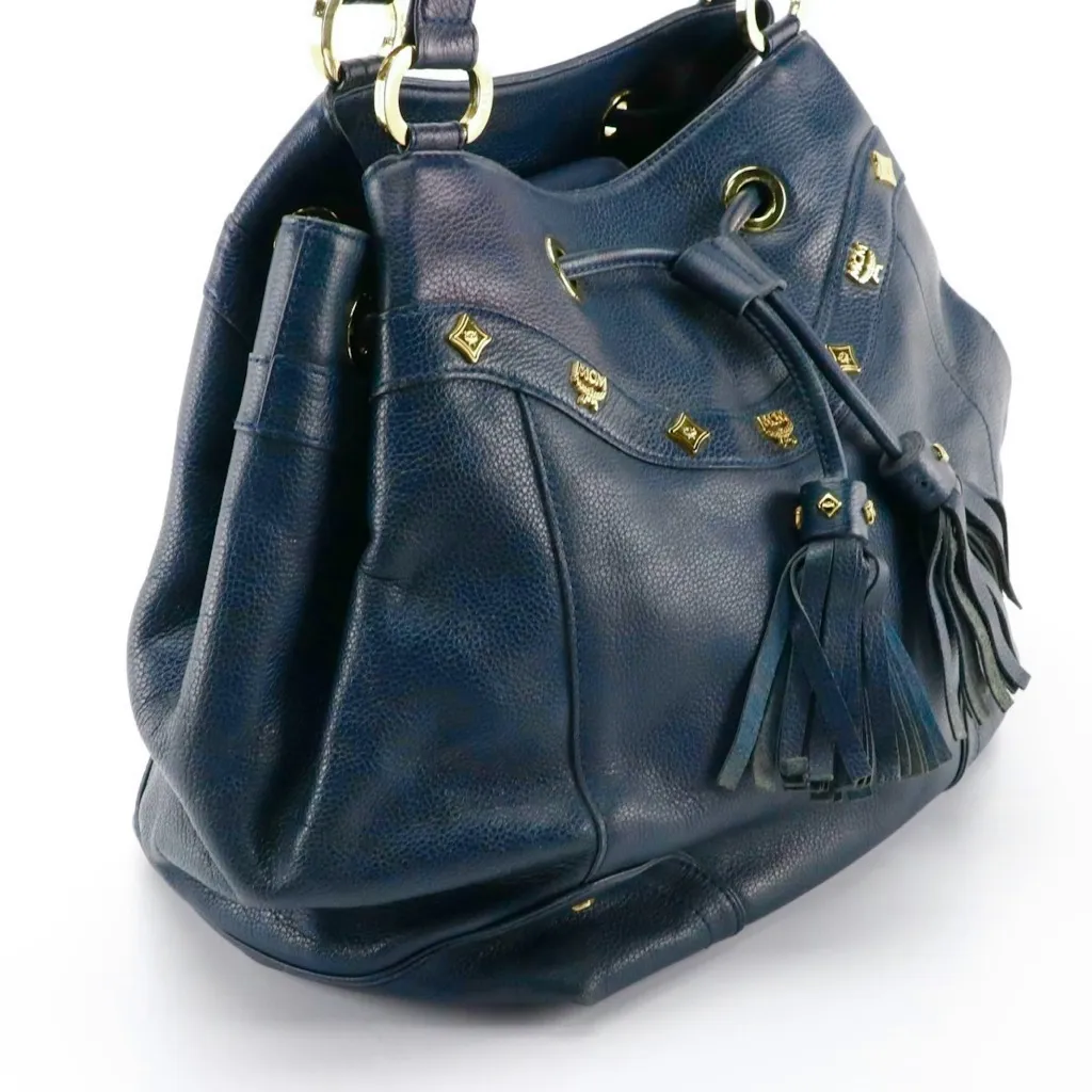 MCM  BLUE LEATHER DRAWSTRING TOTE BAG WITH TASSEL & STUD DECORATIONS - Image 4