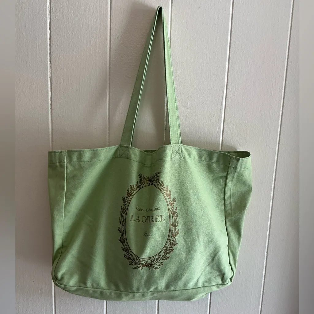 Laduree Green Gusseted Tote Bag Made In France Shopping Bag Canvas Cotton Paris - Image 4