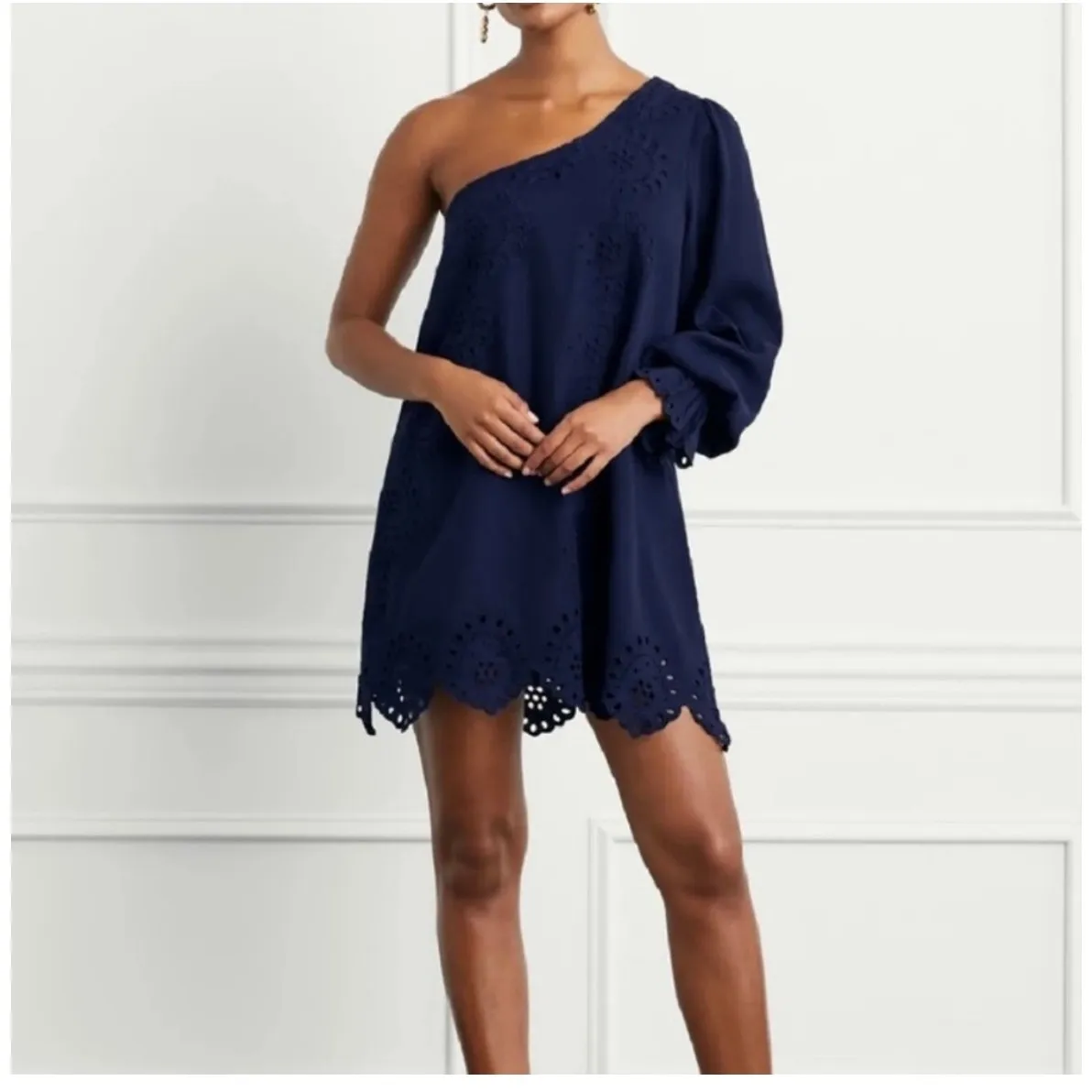 Hill House The Mila Eyelet One Shoulder Dress in White Linen Size M - Image 2