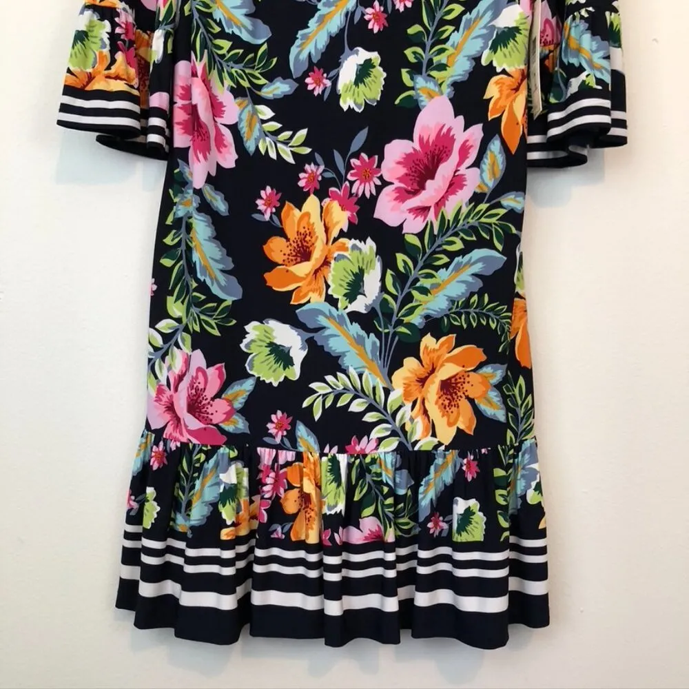 NEW NWT ELIZA J Navy Blue Pink Orange Floral Jersey Stretch Ruffle Shift Dress 8 - Image 5
