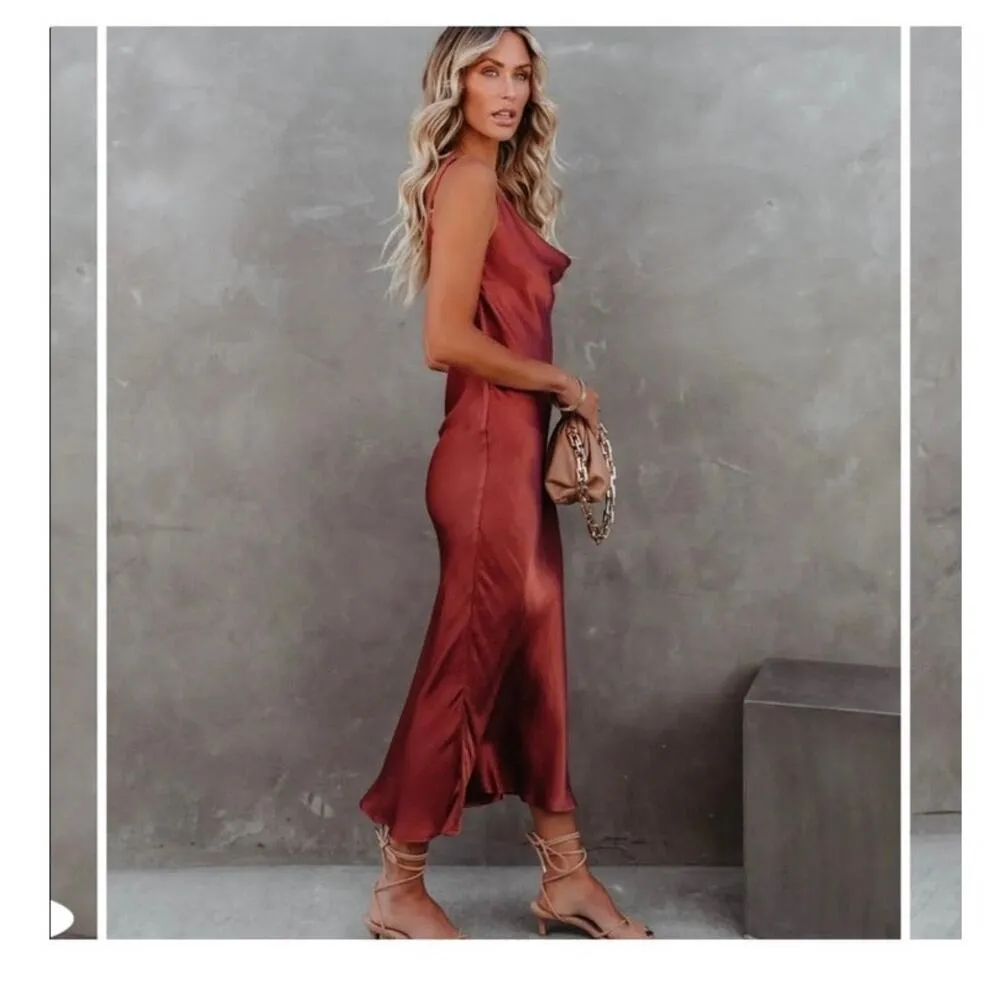 Yana Brown Satin Maxi Slip Dress Small Wedding Cocktail Minimalist - Image 8