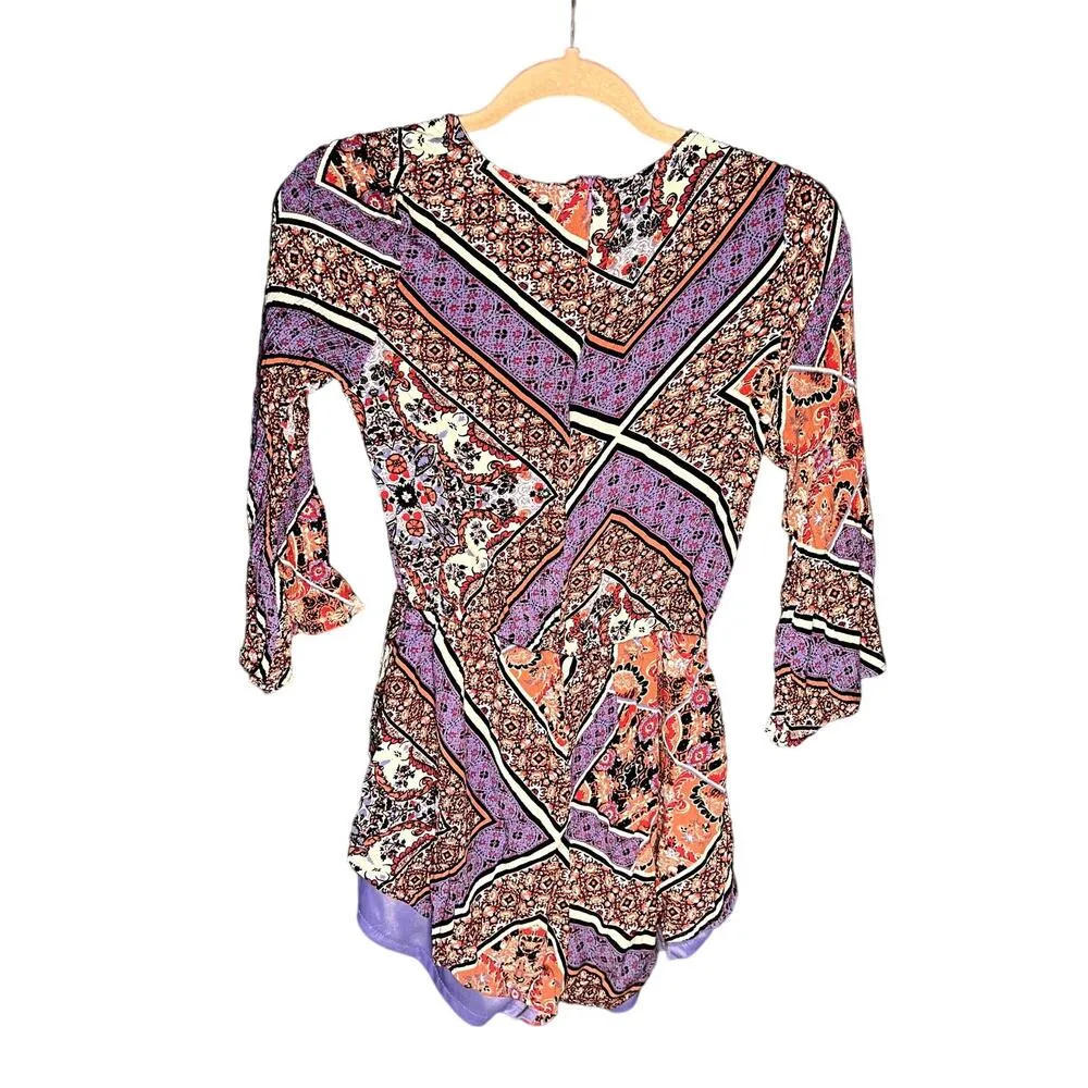 Reverse Pink and Blue Floral Romper Size Small Bell Sleeves V Neck - Image 6